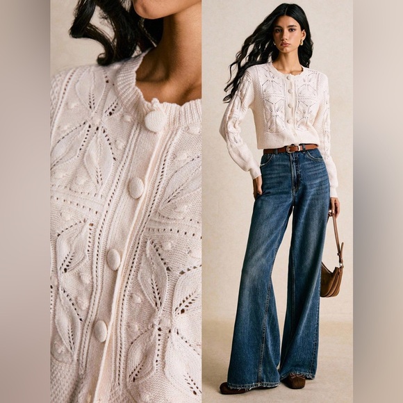 Scalloped collar button up knit cardigan sweater crochet boho cream cottagecore - Picture 3 of 8